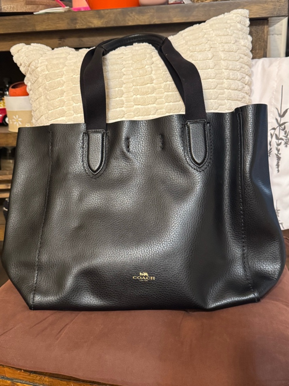 Coach Black Pebbled Leather Tote with Gold Logo
